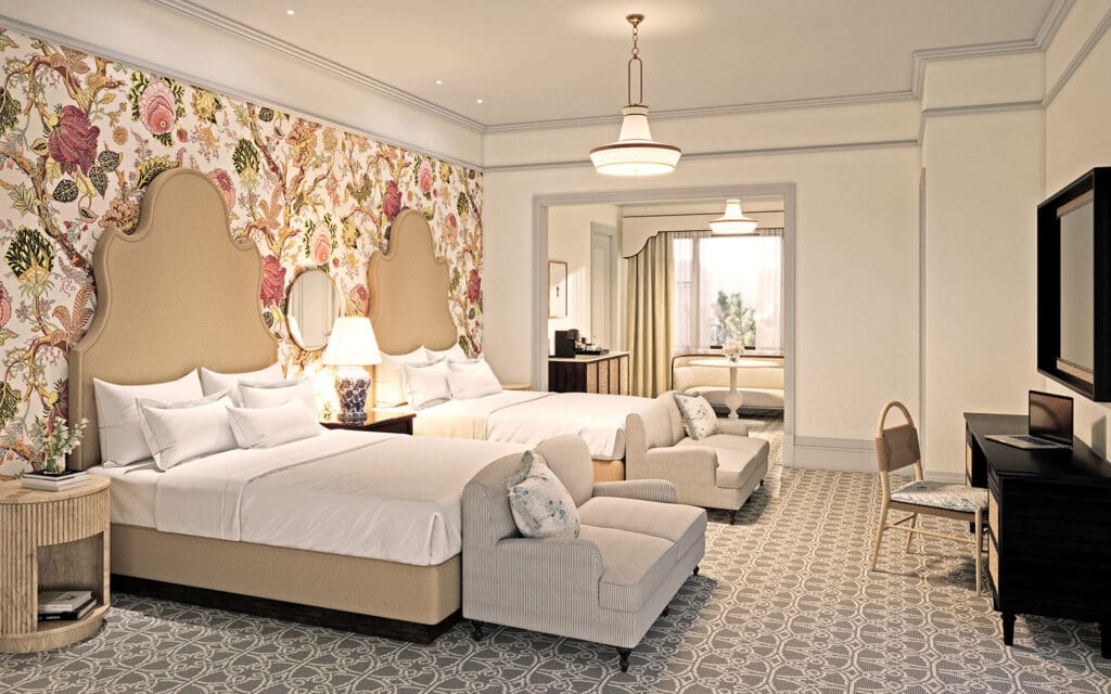 Victorian Room rendering with 2 Queen Beds and living area