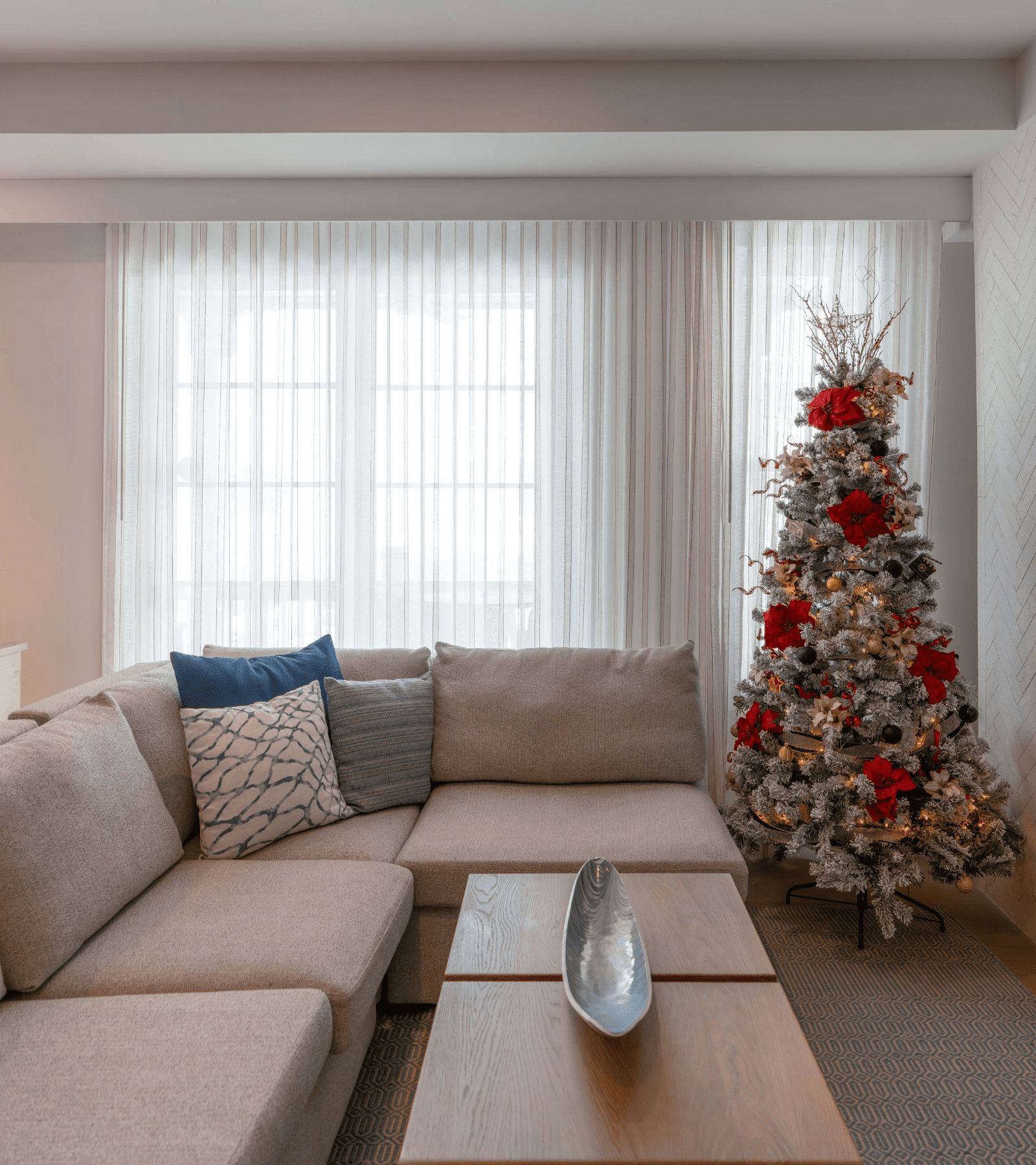 festive christmas tree in guest room