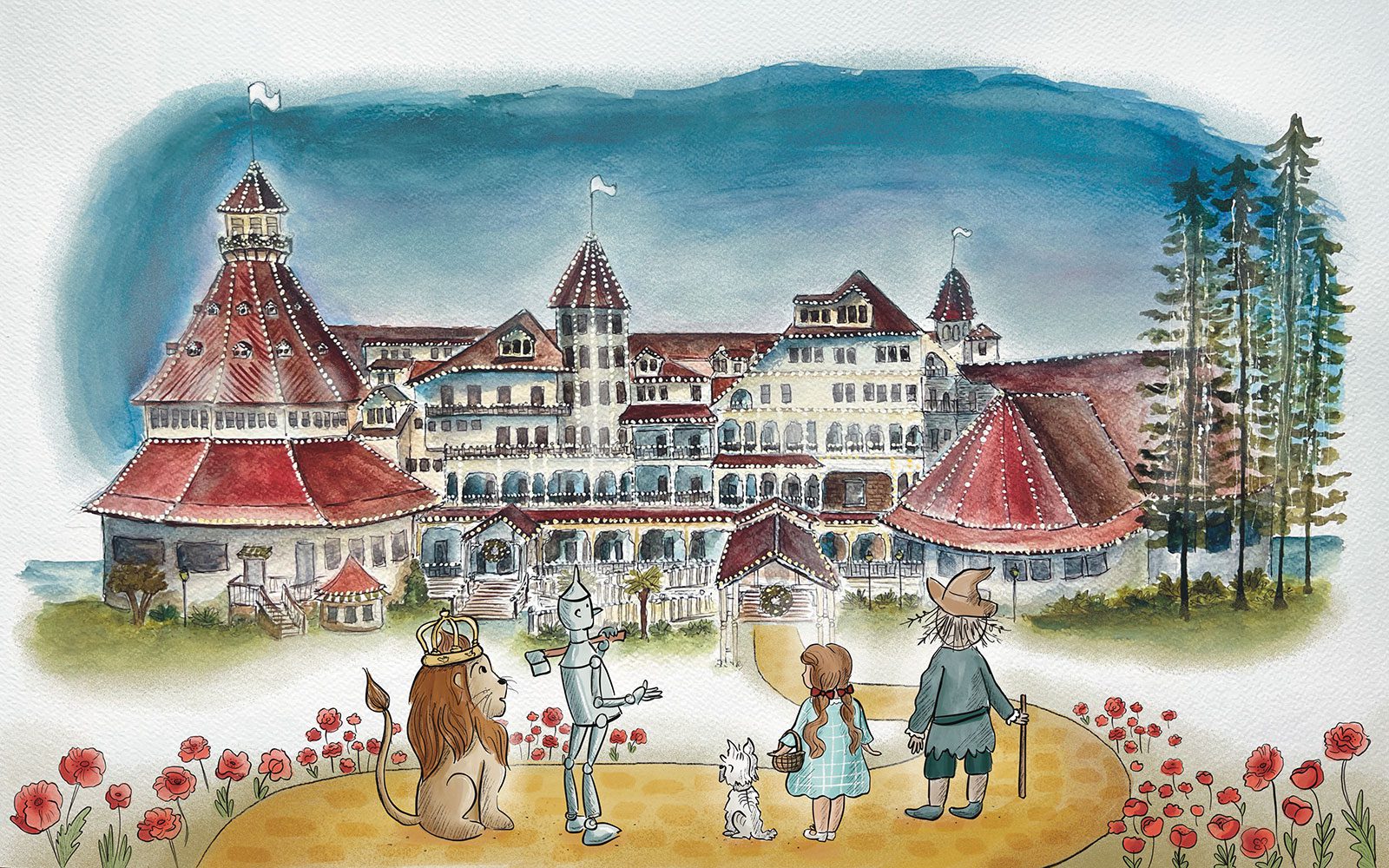 Watercolor painting of Hotel del Coronado with yellow brick road and Wizard of Oz characters, by artist Amanda Dowell