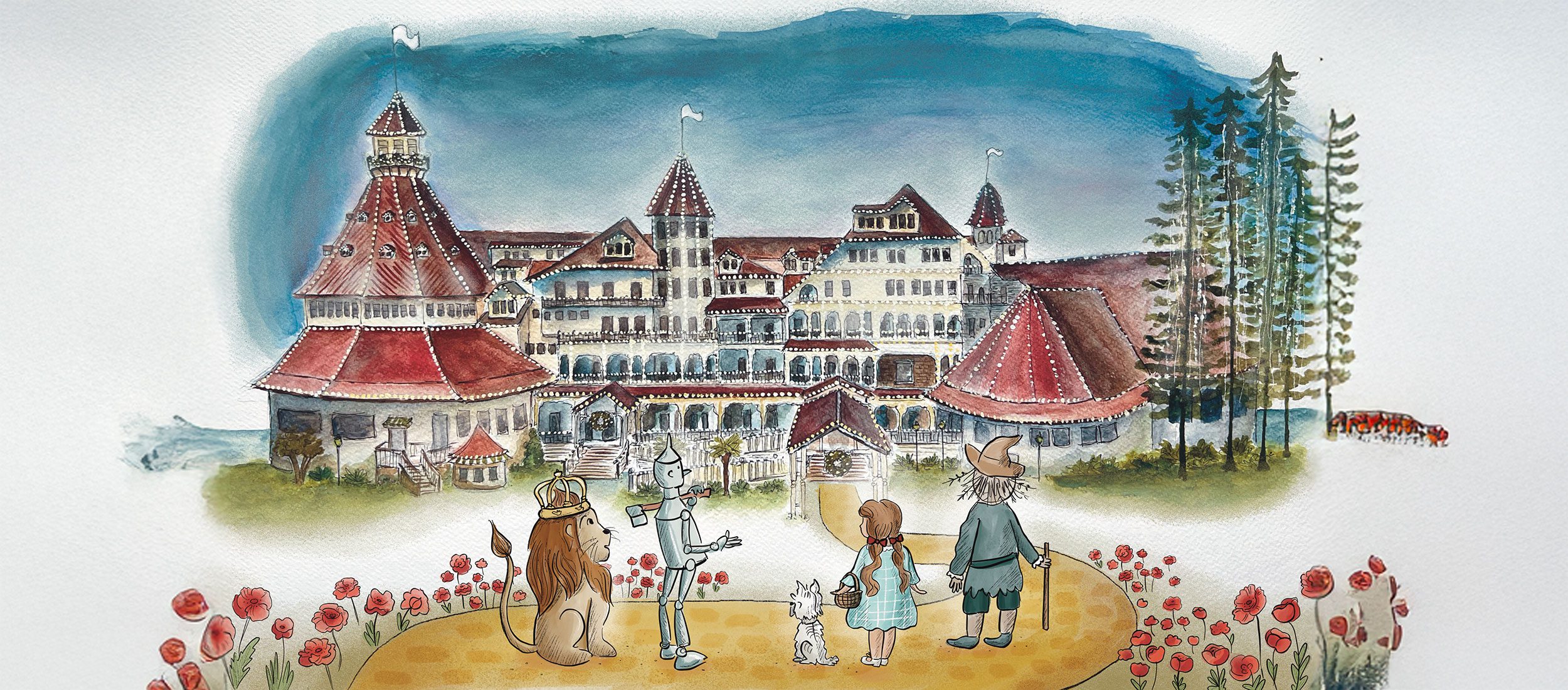 Watercolor painting of Hotel del Coronado with yellow brick road and Wizard of Oz characters, by artist Amanda Dowell